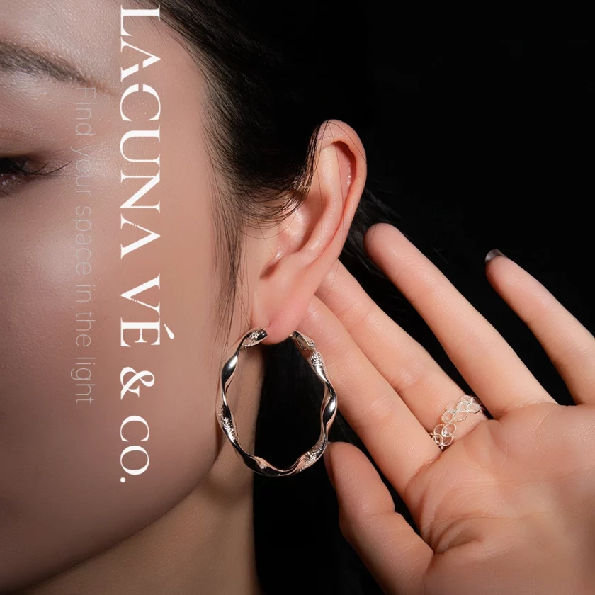 Glacial Ripple Hoops: Wavy Large Design in Silver-Tone Copper & S925 Posts | Lacuna Ve - Image 3
