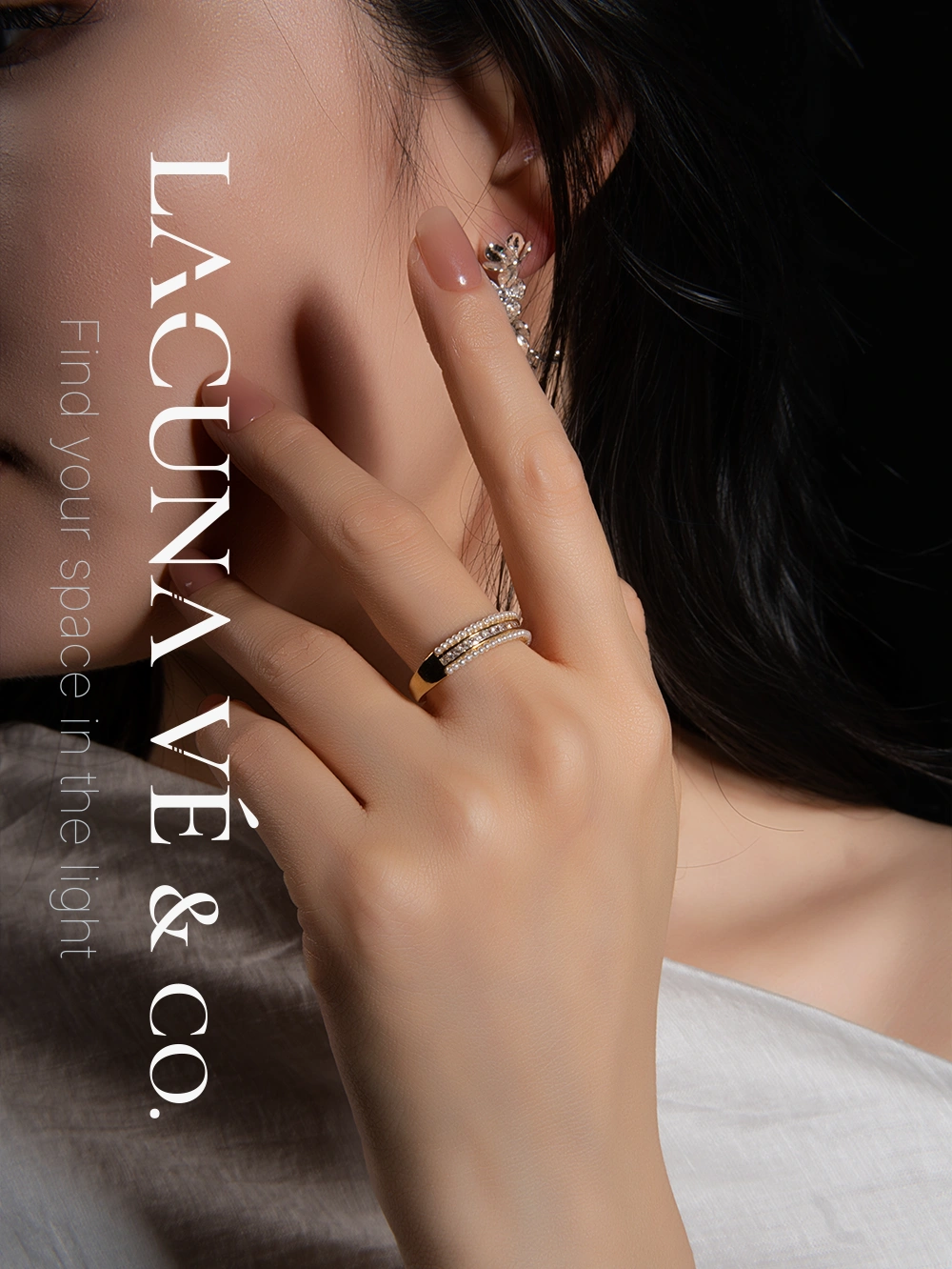 18K Gold Plated Pearl & Pavé Diamond Stacked Ring ⌜Moonlit Frost⌟ | S925 Sterling Silver Minimalist Jewelry | Lacuna Vé & Co. | Statement Ring - Image 3
