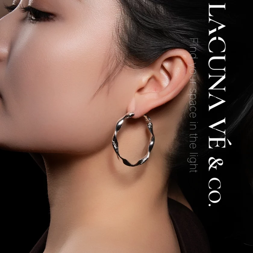 Glacial Ripple Hoops: Wavy Large Design in Silver-Tone Copper & S925 Posts | Lacuna Ve - Image 2