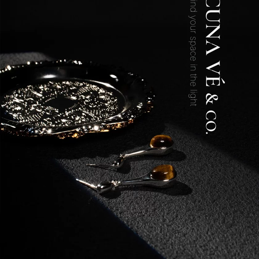 Tiger's Eye Droplet: Jawline-Flattering Teardrop Design with 18K Gold-Plated Copper & S925 Posts | Lacuna Ve - Image 5