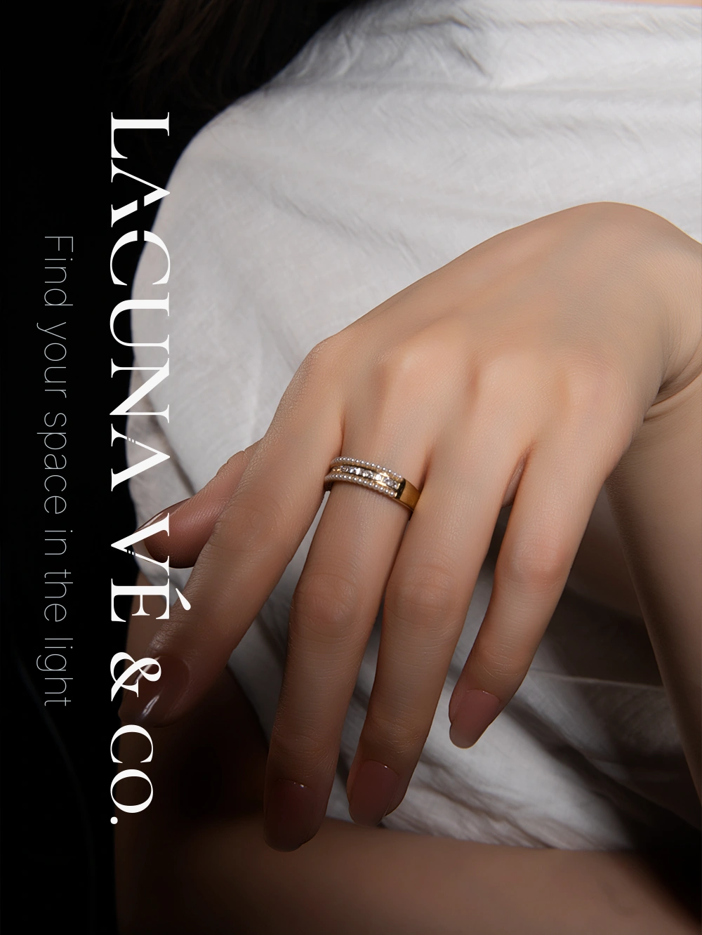 18K Gold Plated Pearl & Pavé Diamond Stacked Ring ⌜Moonlit Frost⌟ | S925 Sterling Silver Minimalist Jewelry | Lacuna Vé & Co. | Statement Ring - Image 2