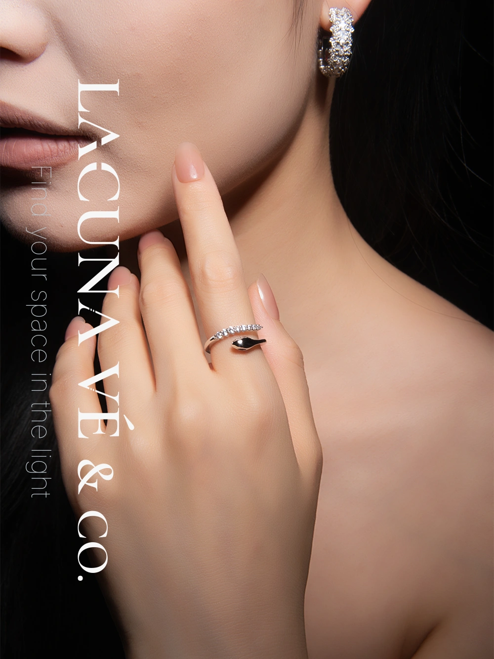 Silver-Tone Snake Open Ring ⌜Silver Moon Trace⌟ | Minimalist Pavé Diamond Jewelry | Lacuna Vé & Co. | Adjustable Ring - Image 3