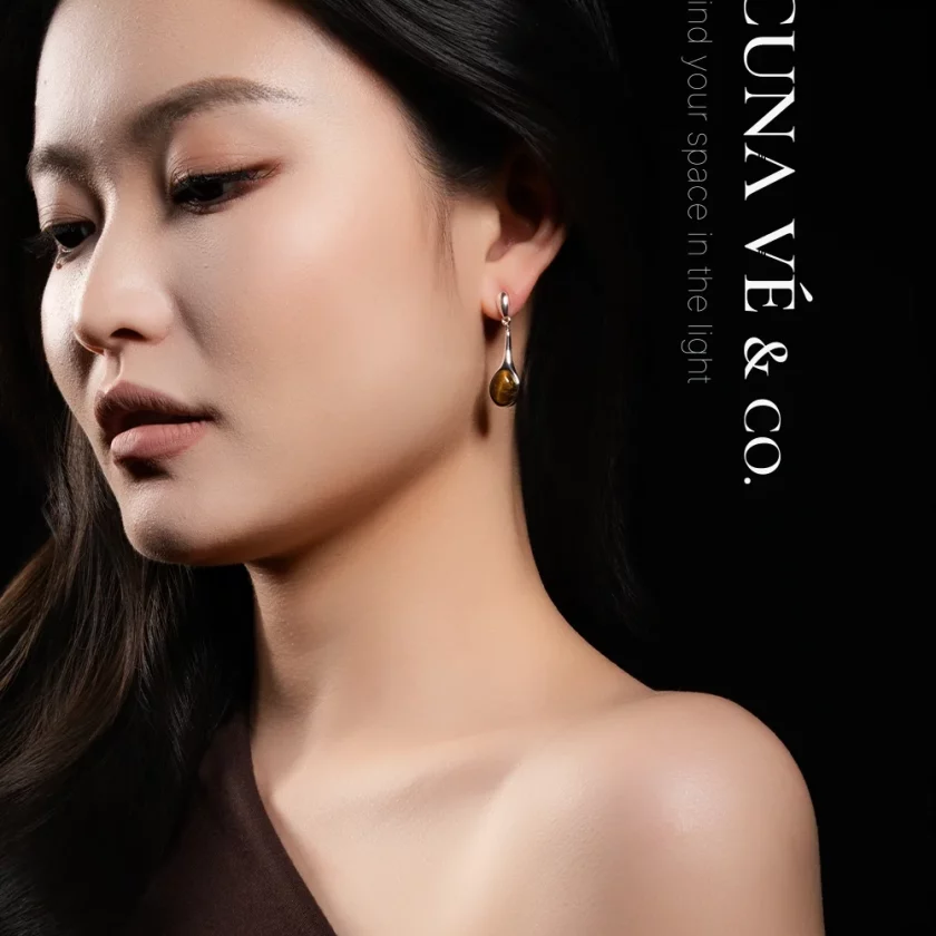 Tiger's Eye Droplet: Jawline-Flattering Teardrop Design with 18K Gold-Plated Copper & S925 Posts | Lacuna Ve - Image 2