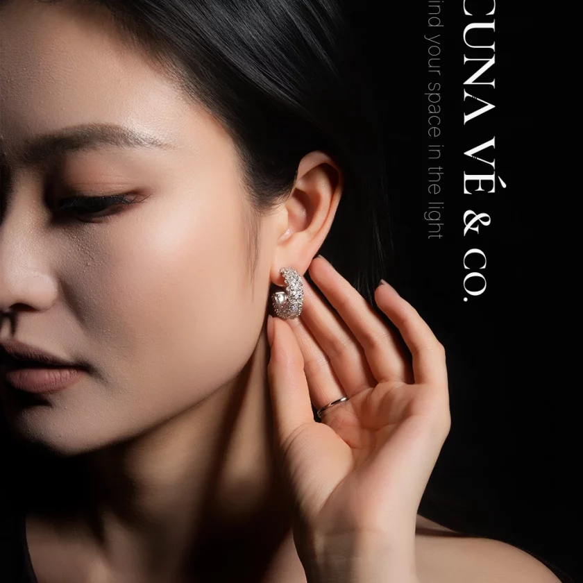 Crescent Frost Hoops: Textured C-Hoop Design with Silver-Tone Copper & S925 Posts | Lacuna Ve - Image 3