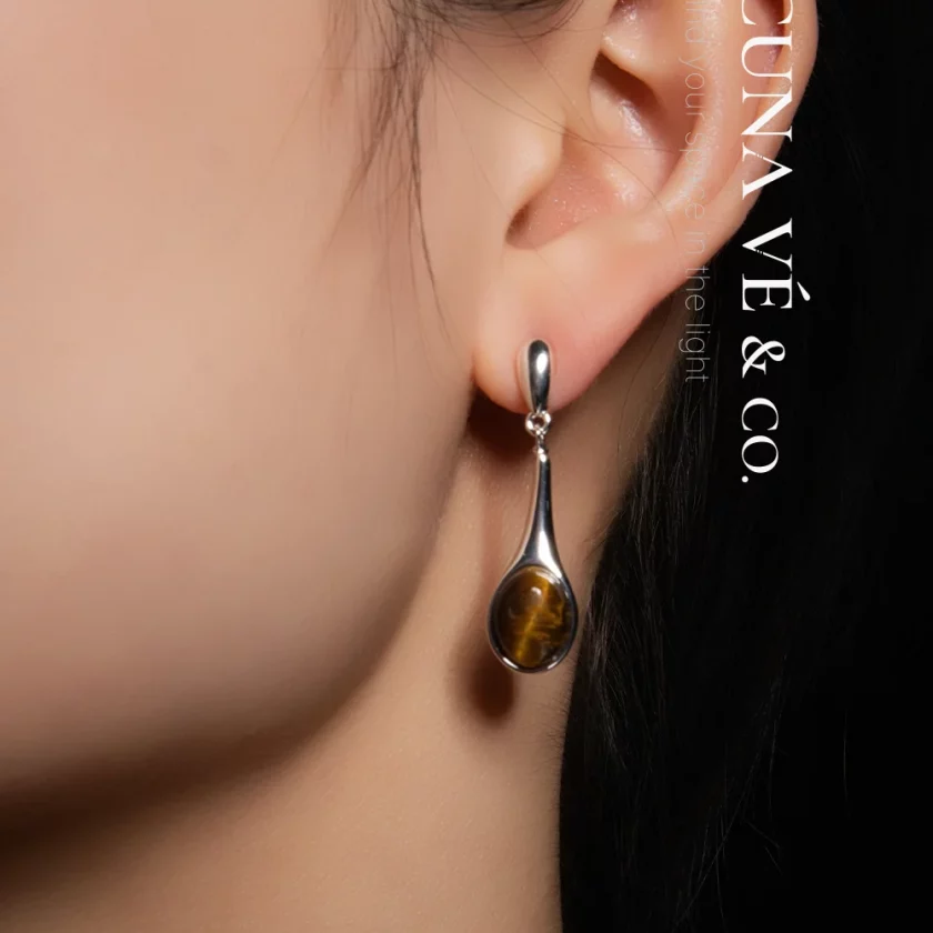 Tiger's Eye Droplet: Jawline-Flattering Teardrop Design with 18K Gold-Plated Copper & S925 Posts | Lacuna Ve - Image 3