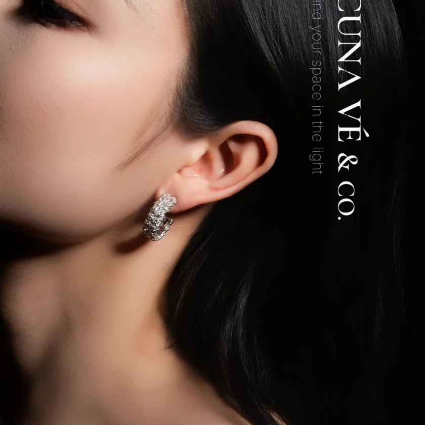 Crescent Frost Hoops: Textured C-Hoop Design with Silver-Tone Copper & S925 Posts | Lacuna Ve - Image 2
