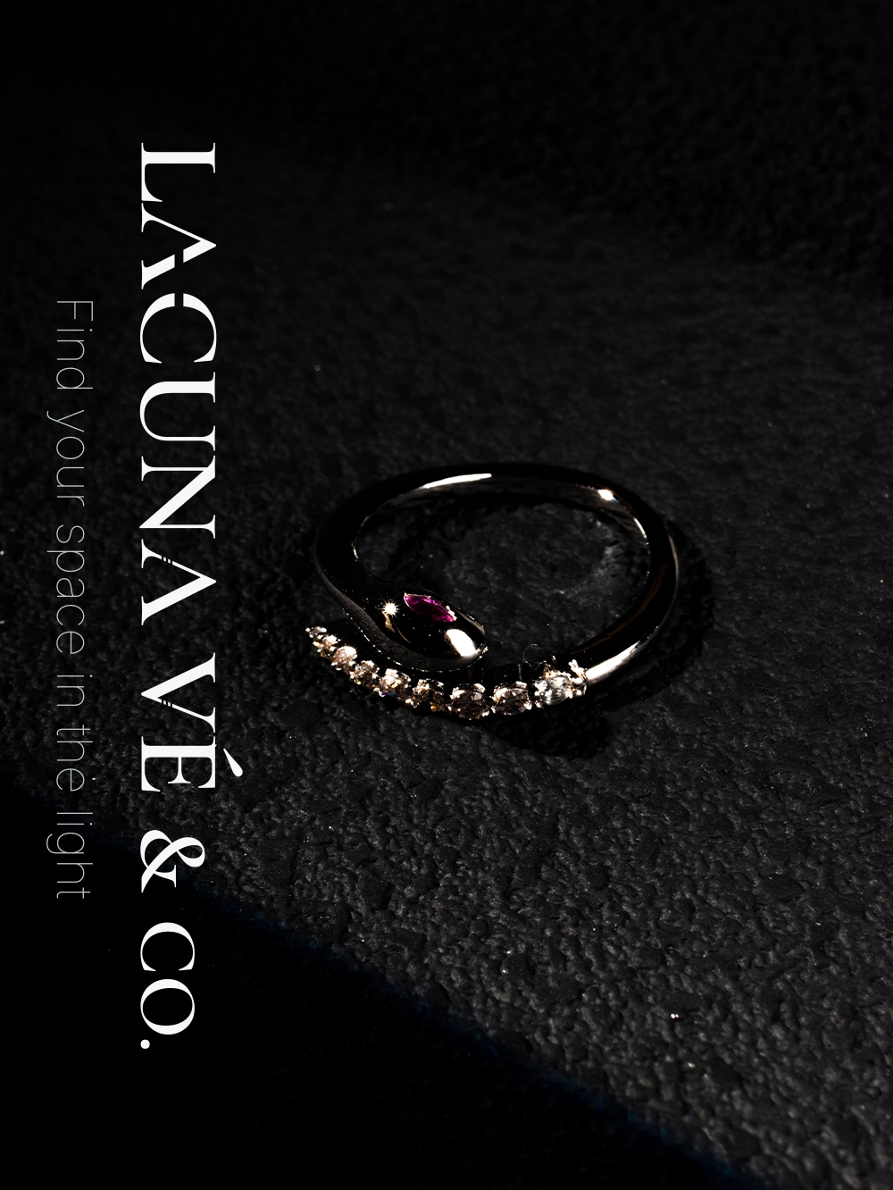 Silver-Tone Snake Open Ring ⌜Silver Moon Trace⌟ | Minimalist Pavé Diamond Jewelry | Lacuna Vé & Co. | Adjustable Ring - Image 4