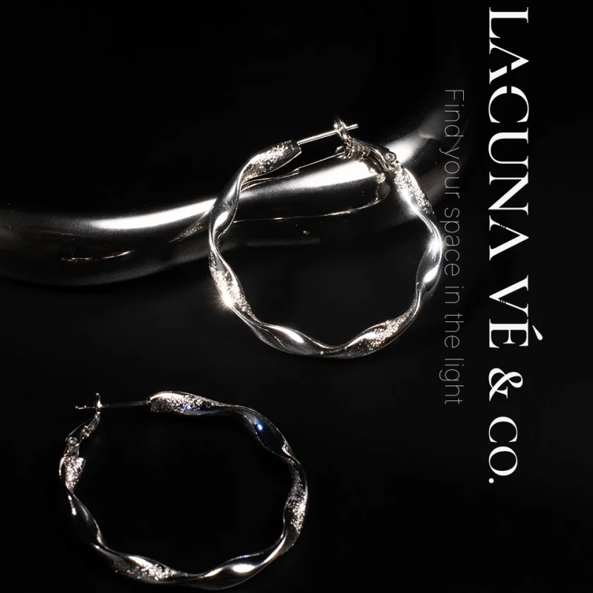 Glacial Ripple Hoops: Wavy Large Design in Silver-Tone Copper & S925 Posts | Lacuna Ve - Image 4