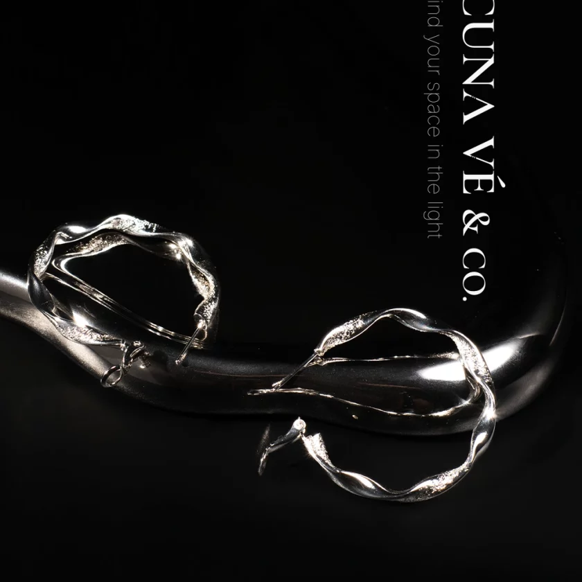 Glacial Ripple Hoops: Wavy Large Design in Silver-Tone Copper & S925 Posts | Lacuna Ve - Image 5