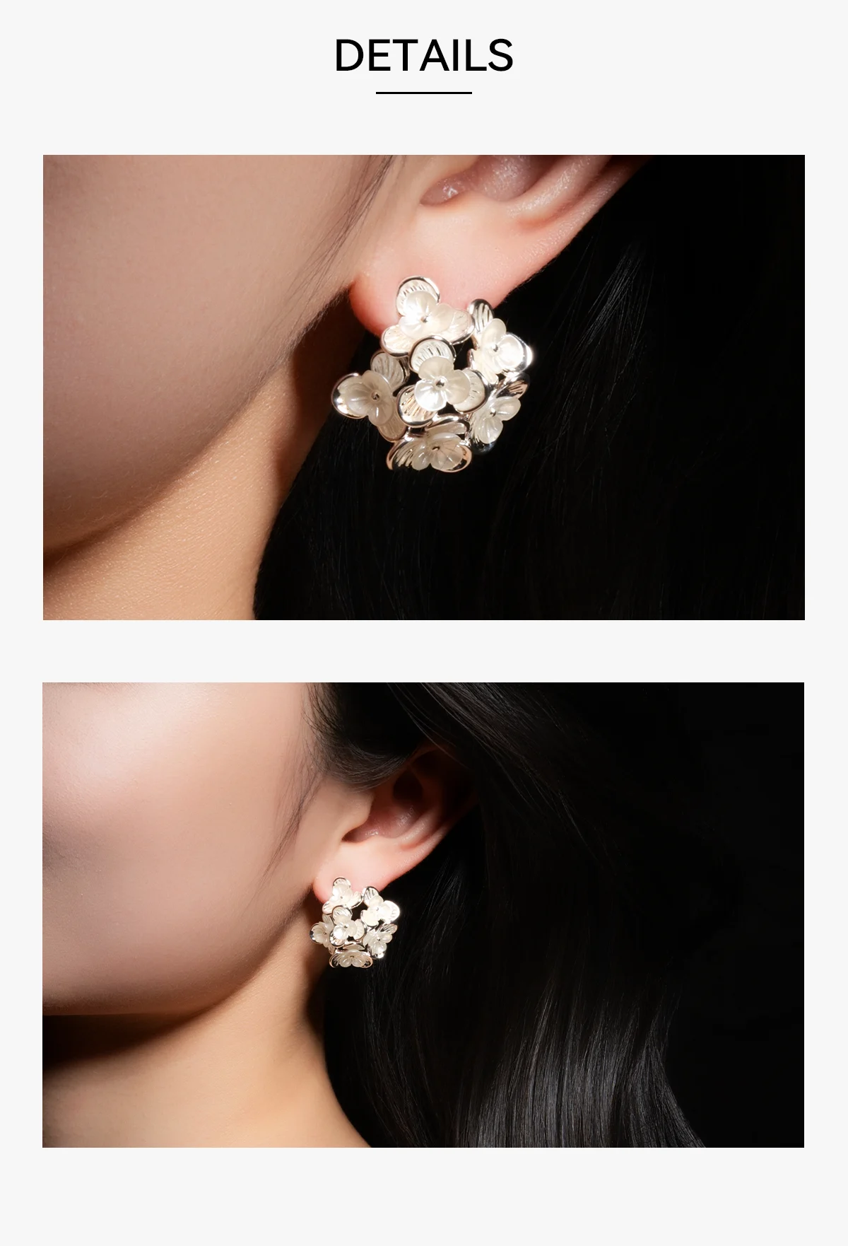 Model wearing Lucid Dew Petals 18K Gold Flower Earrings