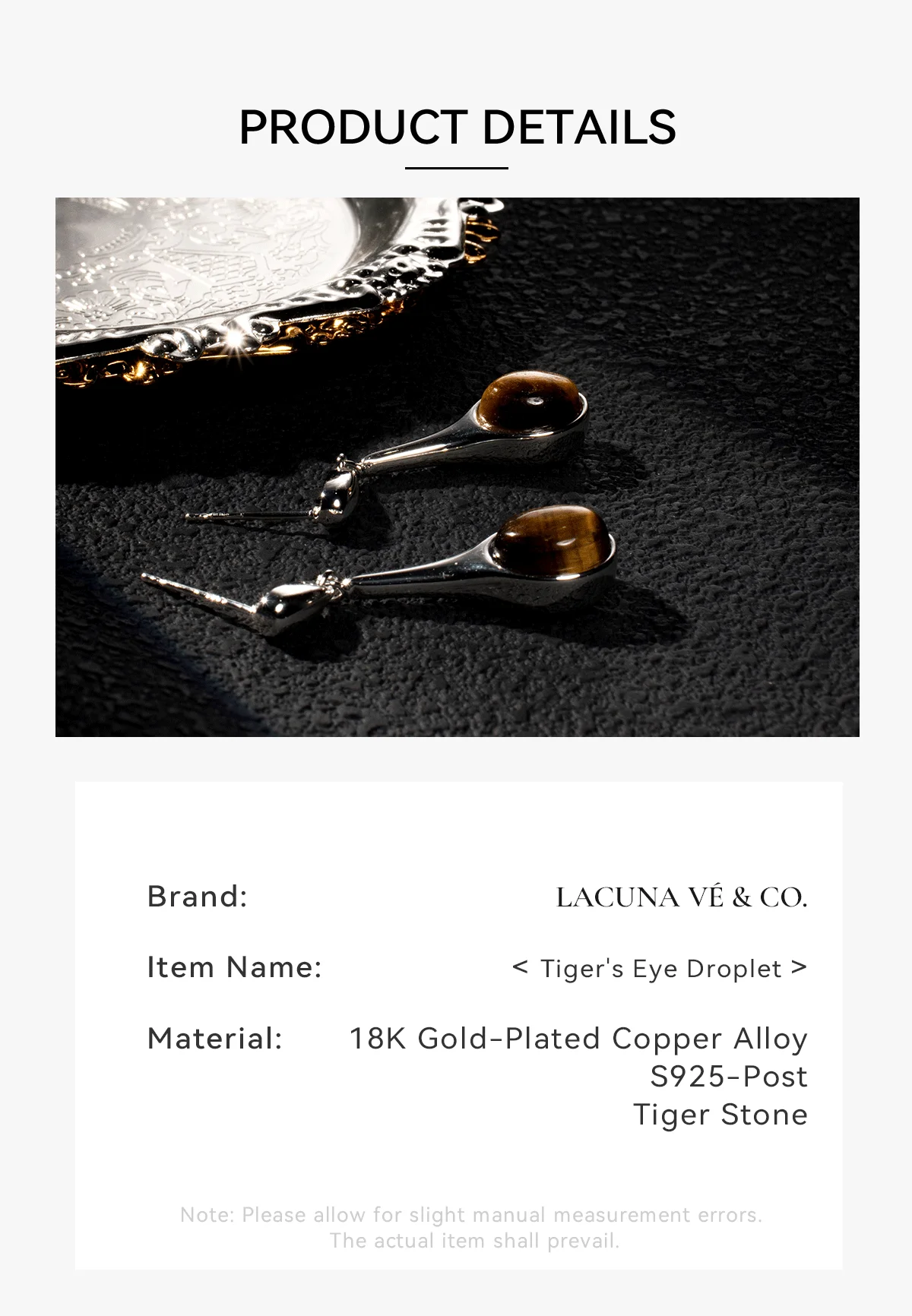 Tiger's Eye Droplet Teardrop Earrings on Lobe, close-up
