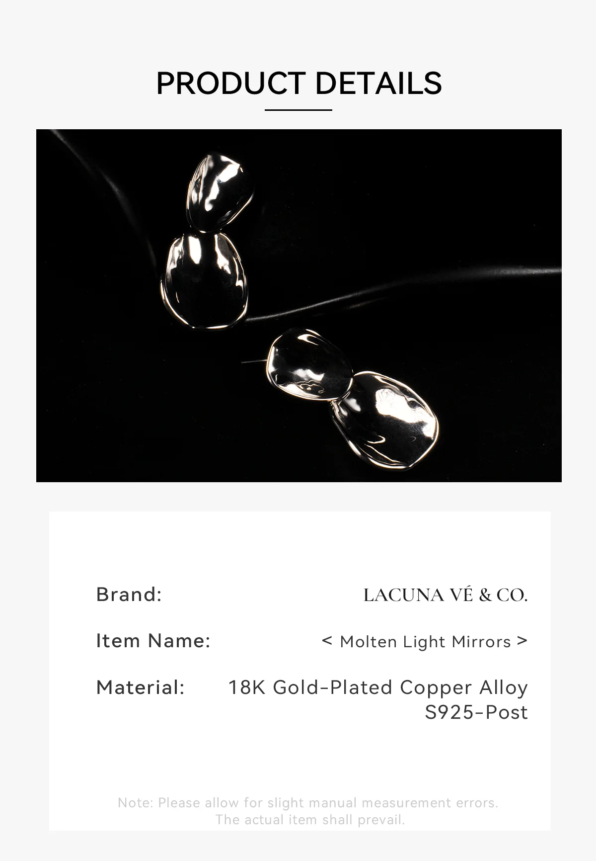 Close-up view of gold liquid metal drop earrings on ear