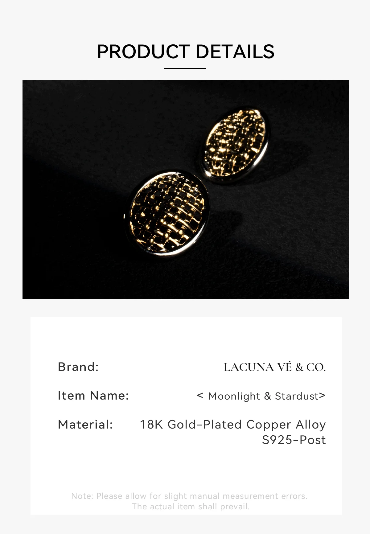 Woven Gold Shimmer Mesh Stud Earrings on Lobe, close-up