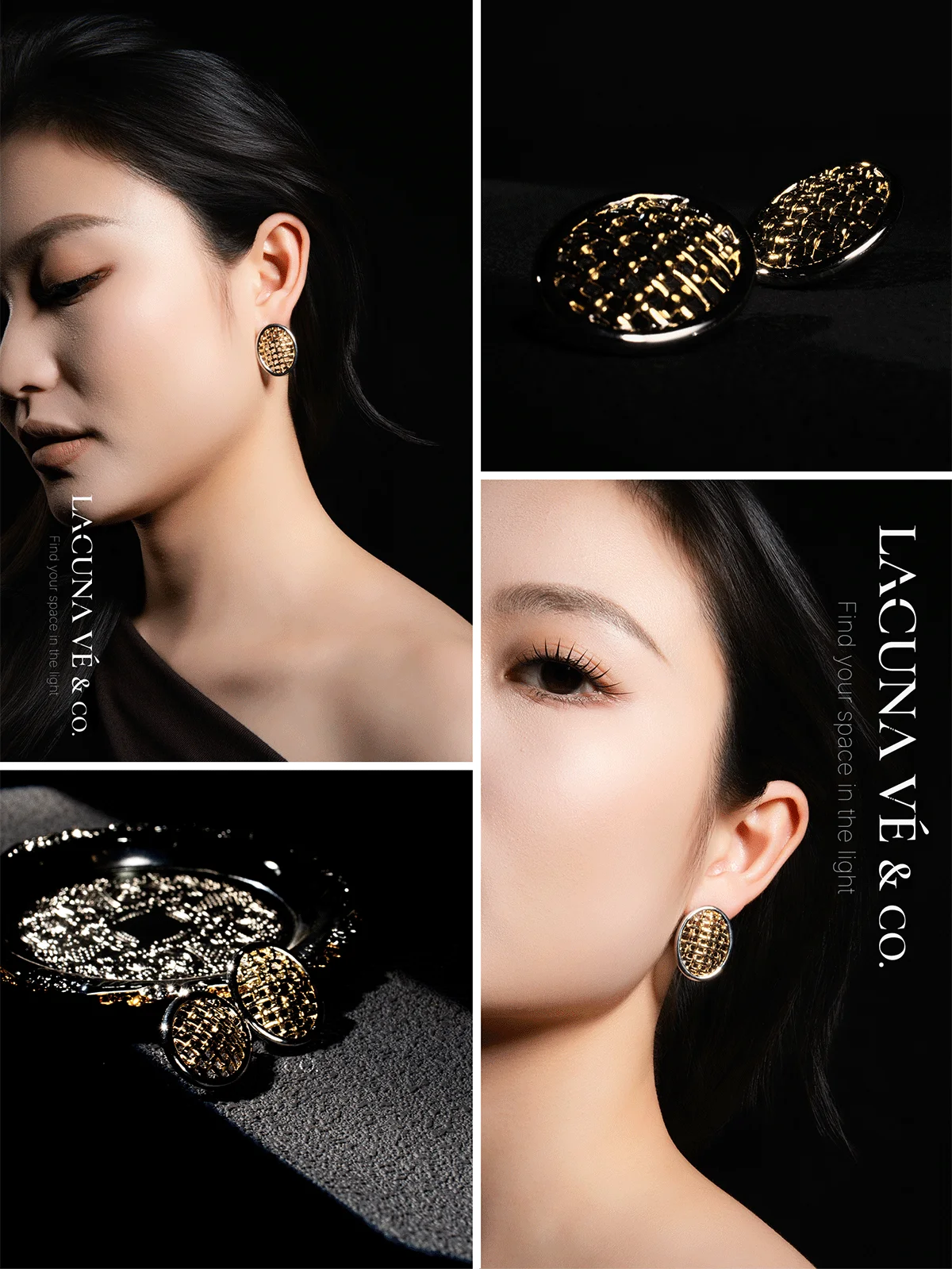 Woven Gold Plated Minimalist Geometric Mesh Earring on Ear