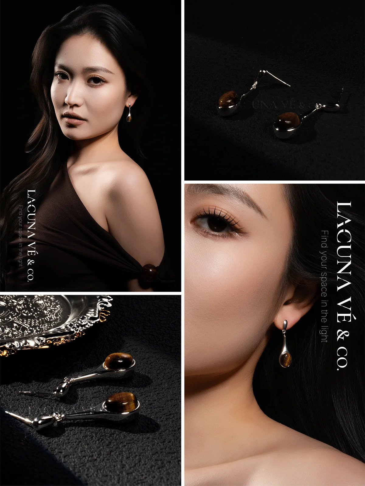 Minimalist Tiger's Eye Teardrop Earrings Gold Plated Worn View