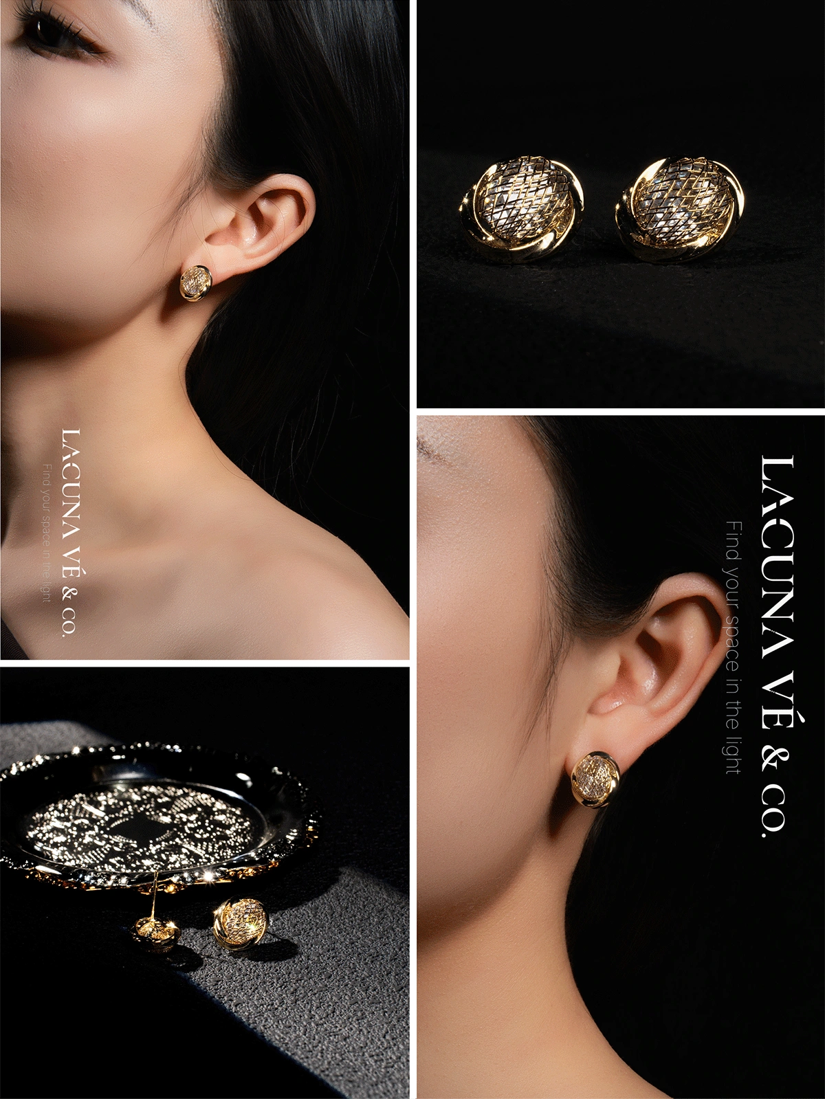 详情101 Lacuna Ve Co | NatureInspired Minimalist Contemporary Earrings Elegant model wearing unique gold earings