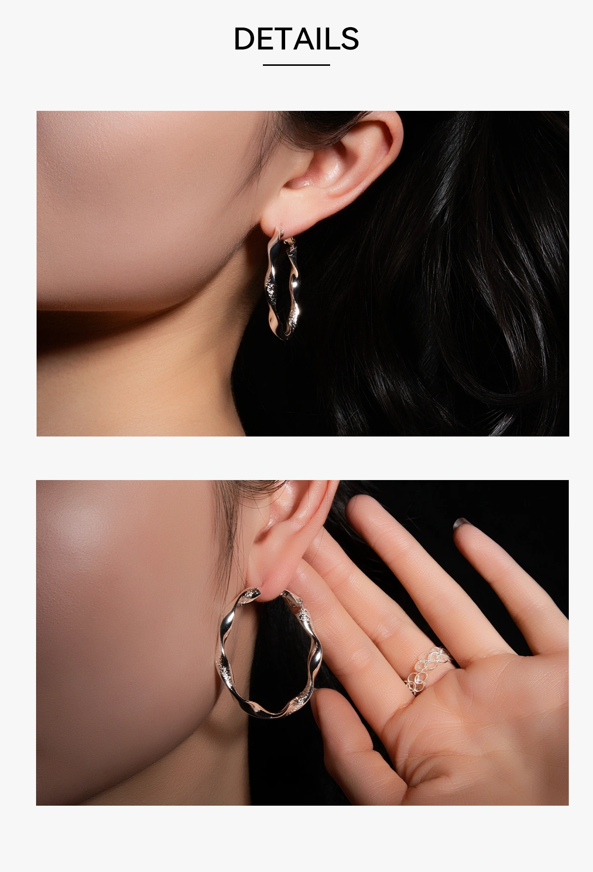 Model wearing the Lacuna Vé & Co. 40mm Glacial Ripple Gold Hoops