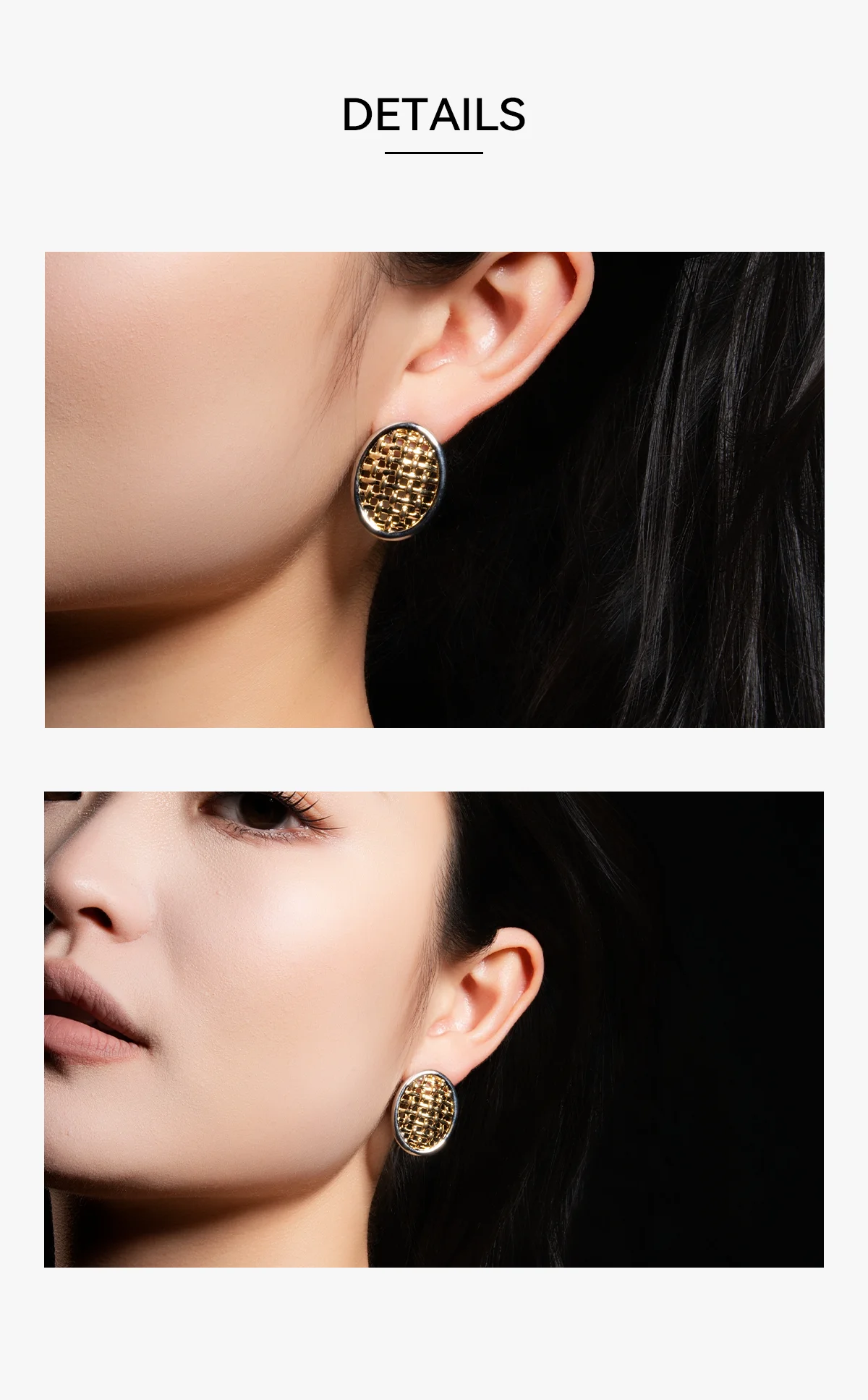 Woven Gold Shimmer Geometric Stud Earrings Worn View in Hair
