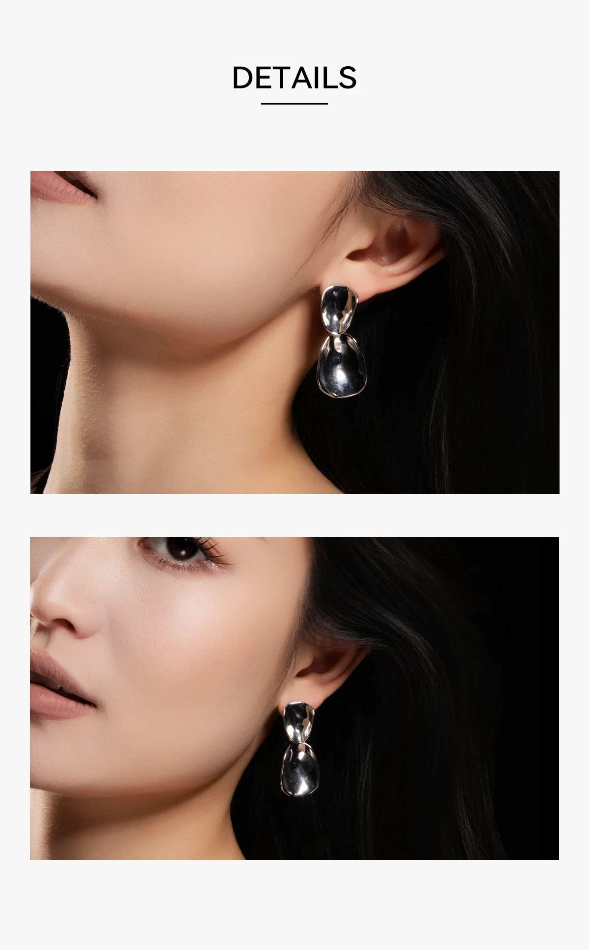 Worn view of gold organic shape drop earrings Molten Light Mirrors