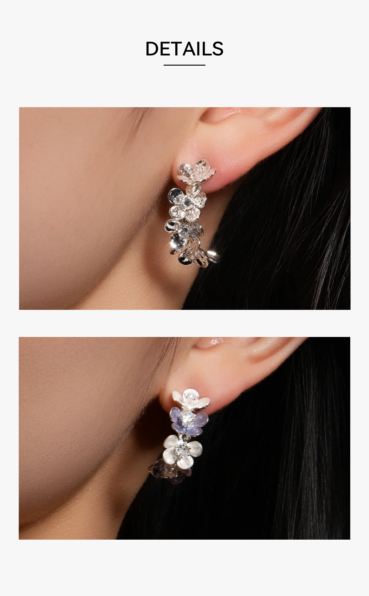 Unique purple tone floral cuff earrings for sensitive ears
